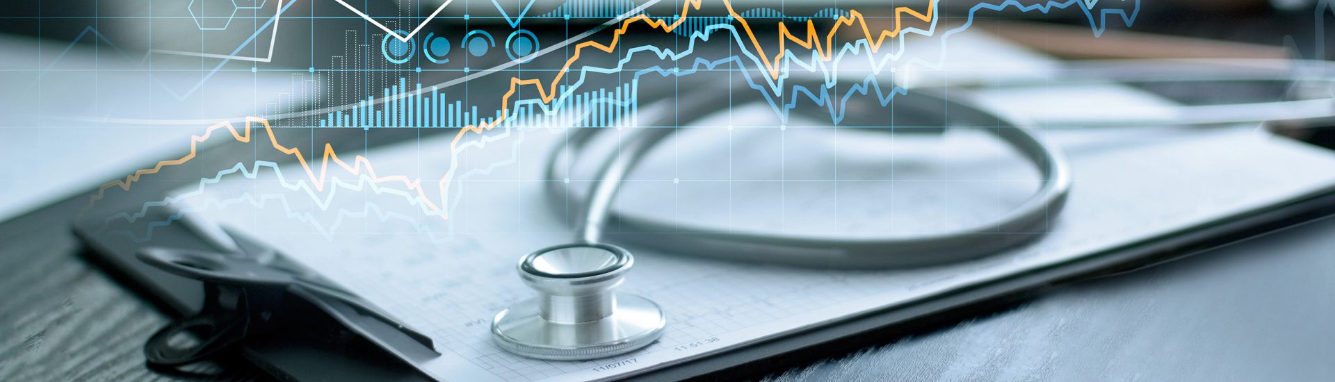 Stethoscope on clipboard with graphs overlaid